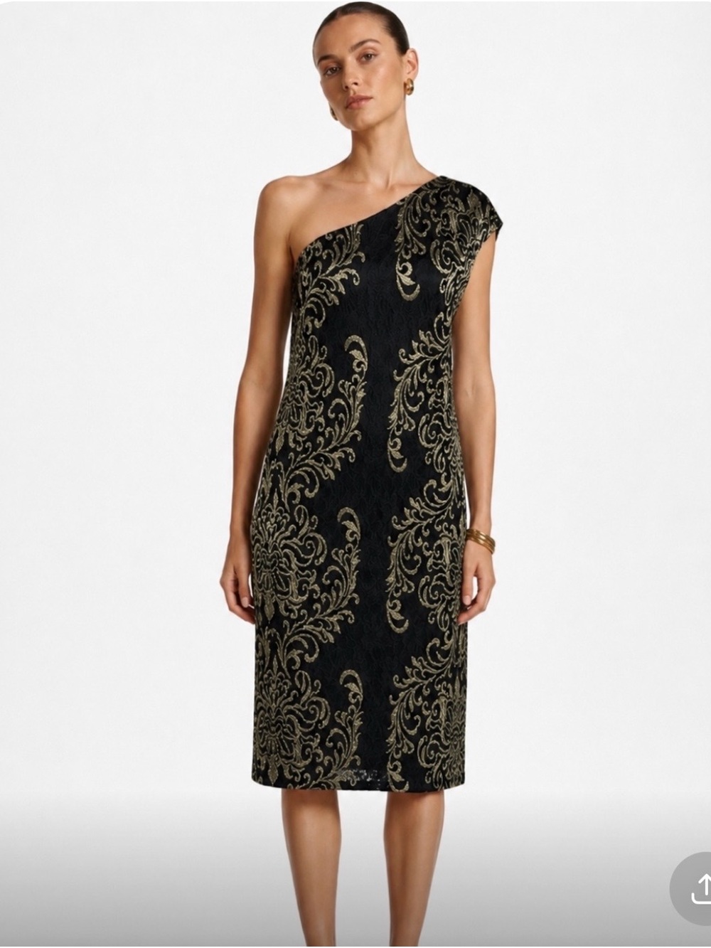 DAVID MEISTER One-Shoulder Black Dress with Gold Baroque Embroidery Size 8